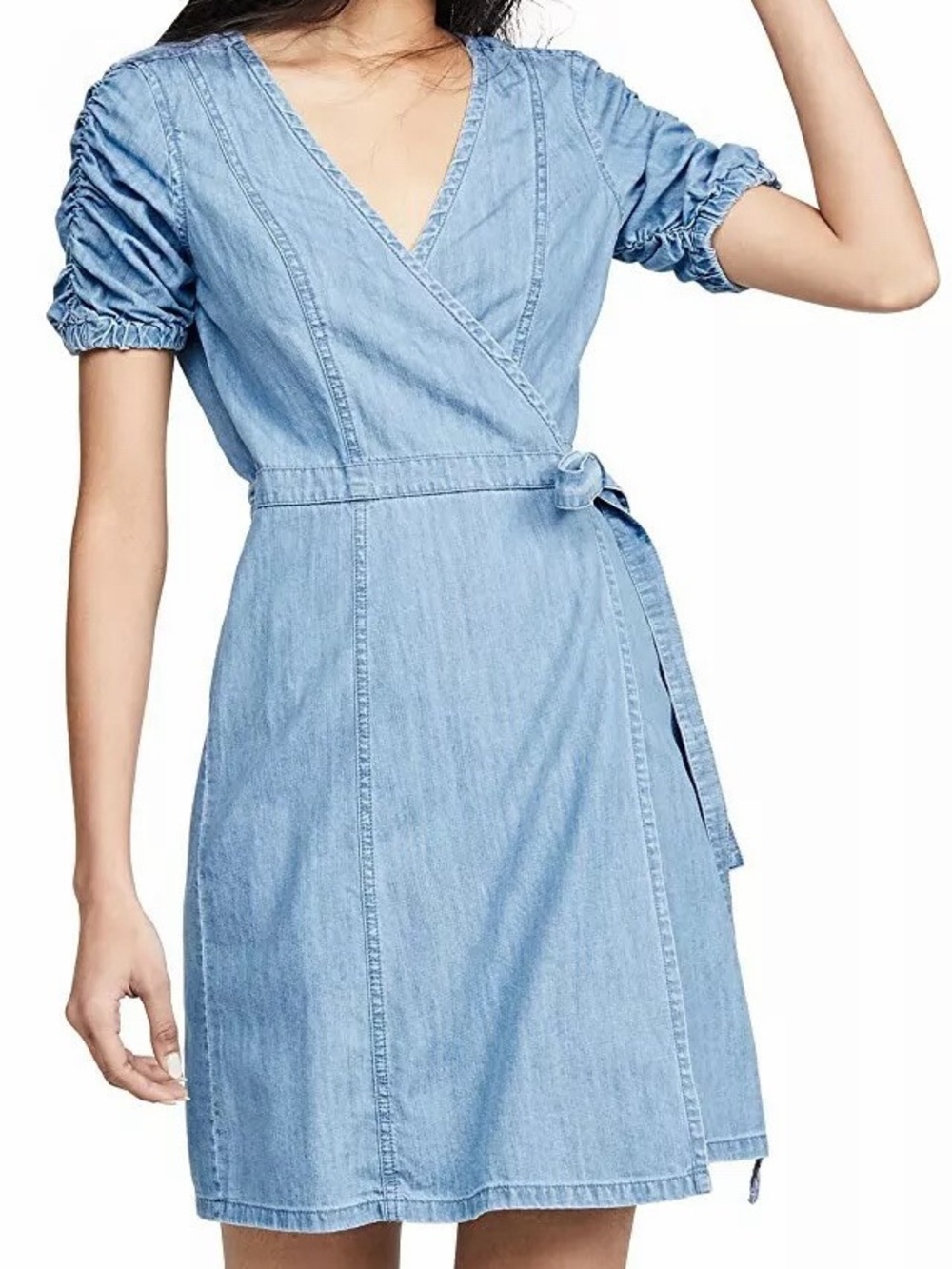 Madewell Denim Shirred Sleeve Wrap Dress with puff Sleeves. NWT Sz-PM. N16